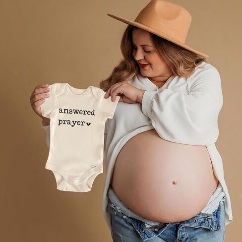 Answered Prayer IVF Baby Reveal Bodysuit (0-3 Months, Natural) | Pregnancy Announcement Outfit, IVF Newborn Clothes, Rainbow Baby Gift, Surprise For Grandparents, Neutral Photo Prop in Kuwait