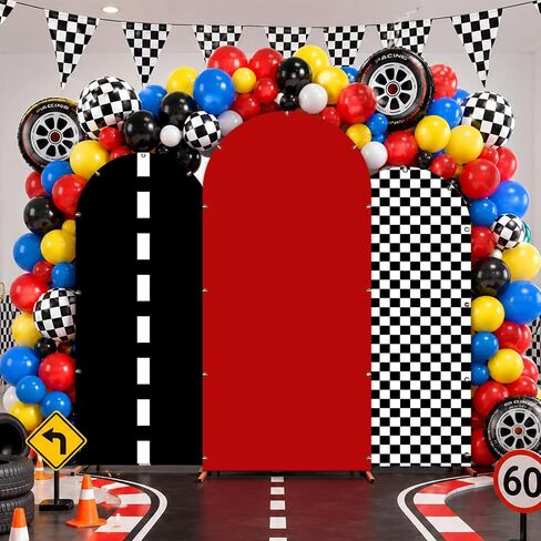 3 Pcs Race Car Party Arch Backdrop 4Ft 5Ft 6Ft Single Black White Checkered Backdrop Stand Cover Racing Theme Arch Cover for Birthday Racing Party Decoration Background Arched Stand Decoration in Saudi Arabia