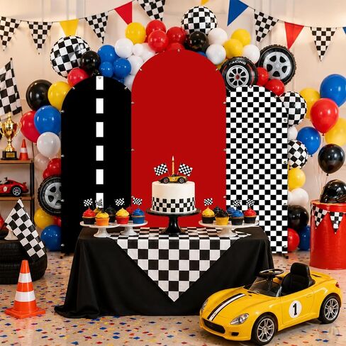 3 Pcs Race Car Party Arch Backdrop 4Ft 5Ft 6Ft Single Black White Checkered Backdrop Stand Cover Racing Theme Arch Cover for Birthday Racing Party Decoration Background Arched Stand Decoration in Saudi Arabia