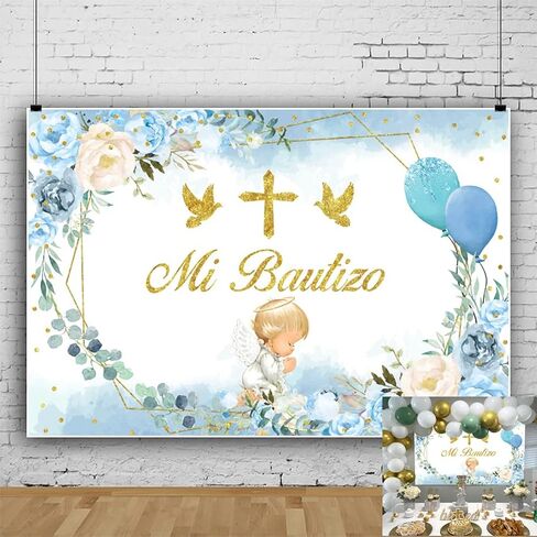 Mi Bautizo Baptism Backdrop 7x5ft First Holy Communion Christening Decorations Blue Flower Cute Angel God Bless Background for Boy Vinyl Mi Primera Comunion Banner Photo Shoot Props in Saudi Arabia