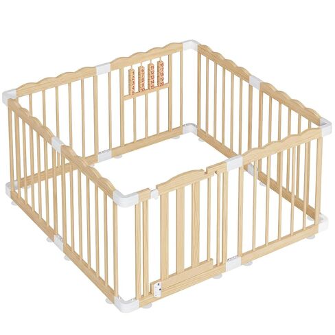 Wooden Baby Playpen, 48"x48"x24" Foldable Play Yard with Built-in Toys, 8 Panel Baby Fence Lockable Door, for Babies and Toddlers, CPC Certified in Kuwait