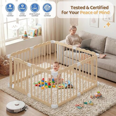 Wooden Baby Playpen, 48"x48"x24" Foldable Play Yard with Built-in Toys, 8 Panel Baby Fence Lockable Door, for Babies and Toddlers, CPC Certified in Kuwait