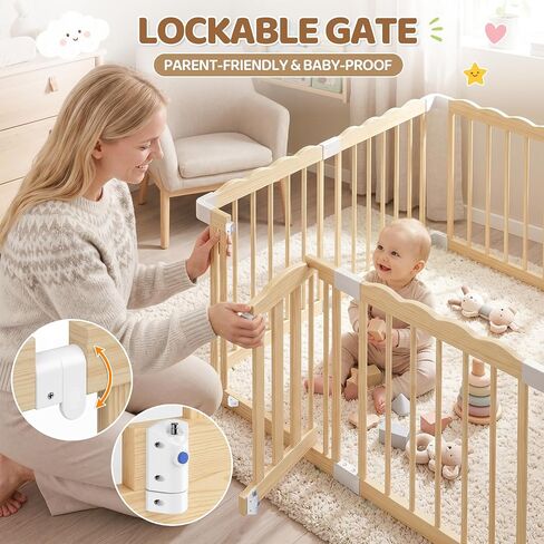 Wooden Baby Playpen, 48"x48"x24" Foldable Play Yard with Built-in Toys, 8 Panel Baby Fence Lockable Door, for Babies and Toddlers, CPC Certified in Kuwait