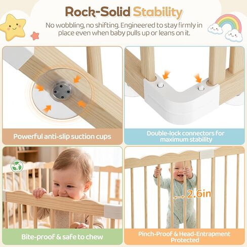 Wooden Baby Playpen, 48"x48"x24" Foldable Play Yard with Built-in Toys, 8 Panel Baby Fence Lockable Door, for Babies and Toddlers, CPC Certified in Kuwait