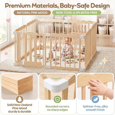 Wooden Baby Playpen, 48"x48"x24" Foldable Play Yard with Built-in Toys, 8 Panel Baby Fence Lockable Door, for Babies and Toddlers, CPC Certified in Kuwait