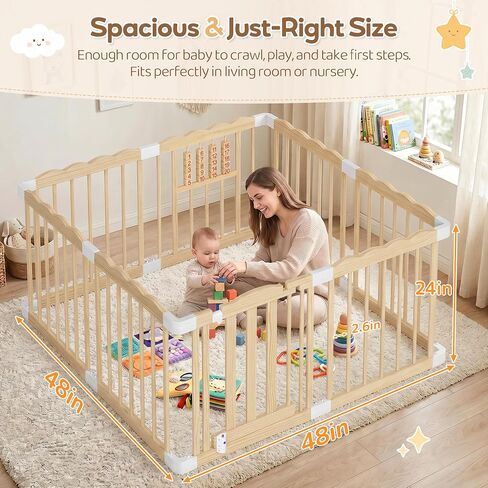 Wooden Baby Playpen, 48"x48"x24" Foldable Play Yard with Built-in Toys, 8 Panel Baby Fence Lockable Door, for Babies and Toddlers, CPC Certified in Kuwait