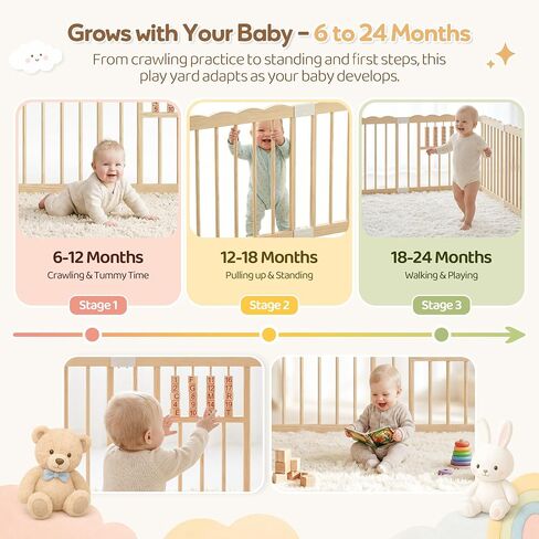 Wooden Baby Playpen, 48"x48"x24" Foldable Play Yard with Built-in Toys, 8 Panel Baby Fence Lockable Door, for Babies and Toddlers, CPC Certified in Kuwait