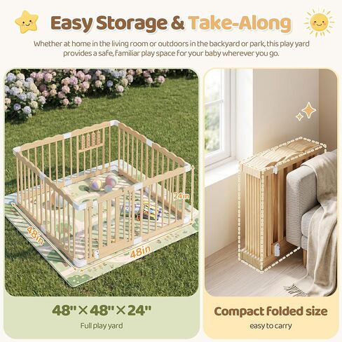 Wooden Baby Playpen, 48"x48"x24" Foldable Play Yard with Built-in Toys, 8 Panel Baby Fence Lockable Door, for Babies and Toddlers, CPC Certified in Kuwait
