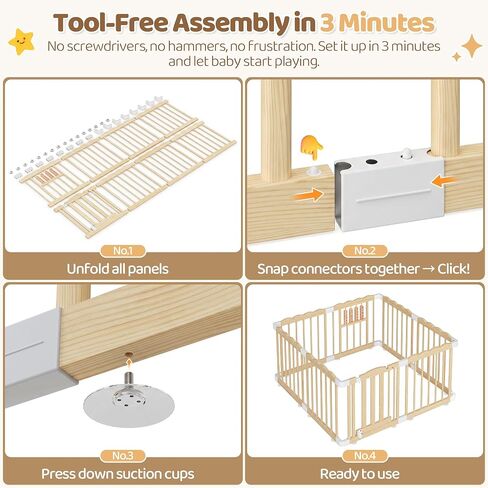 Wooden Baby Playpen, 48"x48"x24" Foldable Play Yard with Built-in Toys, 8 Panel Baby Fence Lockable Door, for Babies and Toddlers, CPC Certified in Kuwait