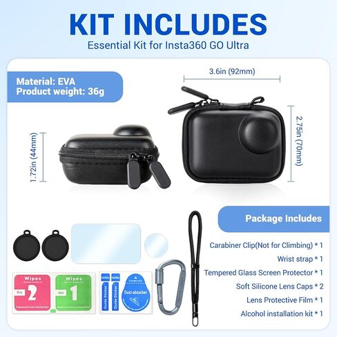 Aurivor Carry Case for Insta 360 Go Ultra Camera, Insta360 Accessories Bundle with Portable Hard Zipper Case Bag, Carabiner Clip, Wrist Strap, Screen & Lens Protector Film, 2PCs Rubber Lens Cover in Saudi Arabia