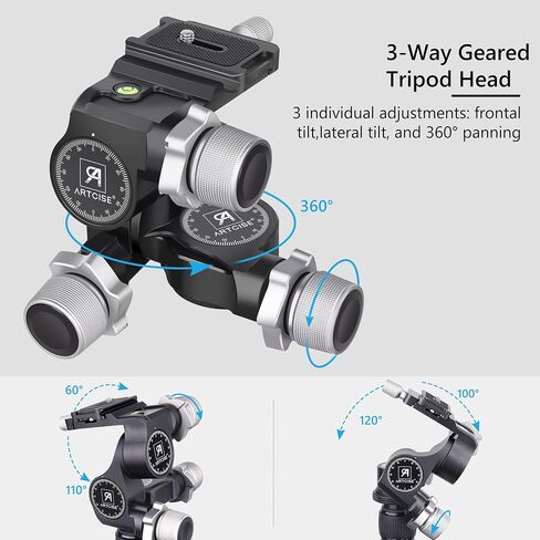 ARTCISE 3-Way Geared Tripod Head, Precision Geared Head with Millimeter Micro-Adjustment, 3 Axis Pan Tilt Head for Macro & Product Photography, 13.2lbs/6kg Load Capacity, CNC Aluminum Alloy in Kuwait