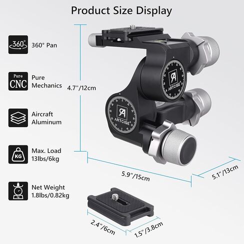 ARTCISE 3-Way Geared Tripod Head, Precision Geared Head with Millimeter Micro-Adjustment, 3 Axis Pan Tilt Head for Macro & Product Photography, 13.2lbs/6kg Load Capacity, CNC Aluminum Alloy in Kuwait