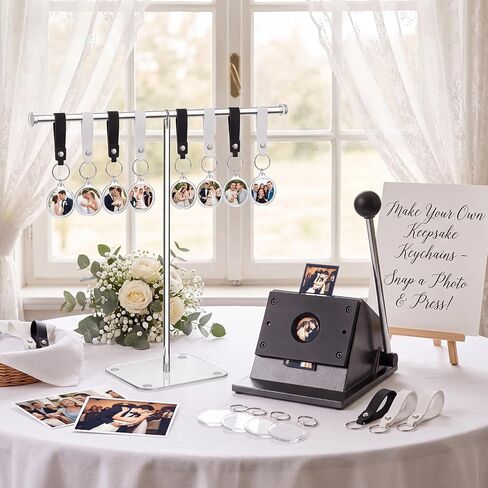 63 Pcs Photo Booth Keychain Station DIY Kit Bulk 35mm Circle Cutter 30 Double Sided Acrylic Keyrings 30 PU Leather Keychains 2 Acrylic Display Stands for Wedding Birthday Photo Booth Gift in Kuwait