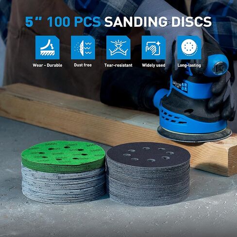 5 Inch Wet Dry Sanding Discs 100 Pack, 8 Holes Hook and Loop Sandpaper, Assorted 180 to 5000 Grits Orbital Sander Sand Paper for Wood, Auto Body, Metal Finishing in Saudi Arabia