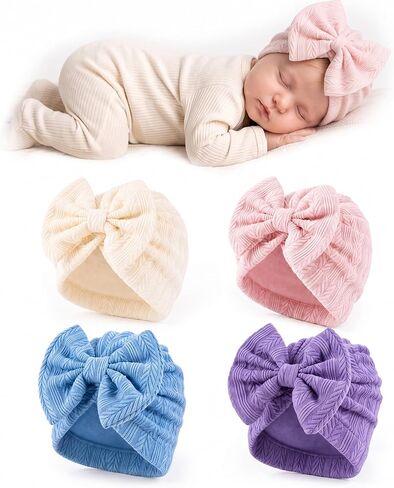 4 Pack Newborn Baby Girl Bow Hats 0-3 Months Preemie Nursery Caps | Pure cotton ribbed turban beanies.Soft stretchy wraps protect sensitive infant skin,hospital bag essentials for shower gifts in Saudi Arabia