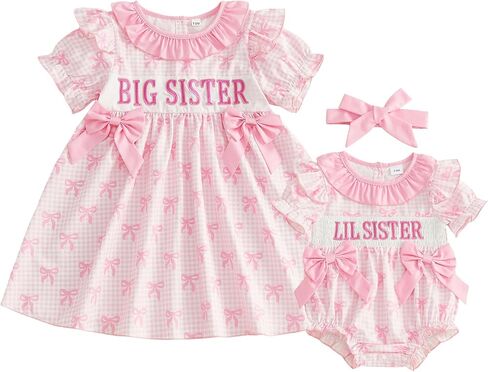 Big Little Sister Matching Outfits Summer Short Puff Sleeve Peter Pan Collar Bow Embroidery Plaid Romper/Dress in Saudi Arabia