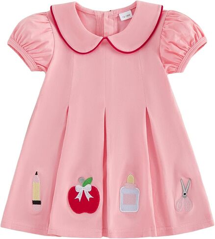 Toddler Girl Back to School Outfit Apple Pencil Embroidery Dress | Cute Back to School Dress with Apple Pencil Embroidery, Peter Pan Collar and Soft Fit, Perfect for Kindergarten Preschool in Saudi Arabia