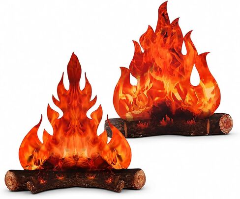 2-Pack Fake Campfire Decorations, 3D Cardboard, 2 Styles | Two finished 12 x 10 in campfire decorations in distinct designs, ready to display with vivid red-orange flame artwork. in Saudi Arabia