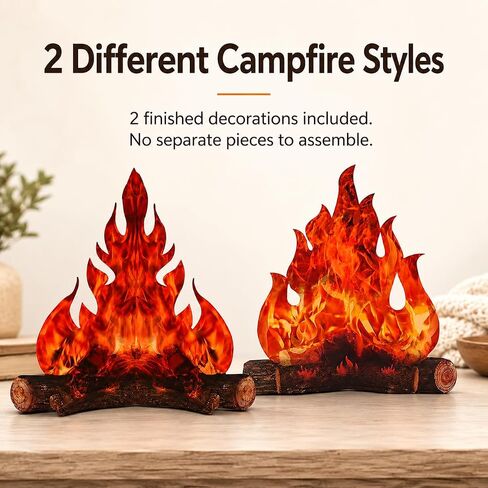 2-Pack Fake Campfire Decorations, 3D Cardboard, 2 Styles | Two finished 12 x 10 in campfire decorations in distinct designs, ready to display with vivid red-orange flame artwork. in Saudi Arabia