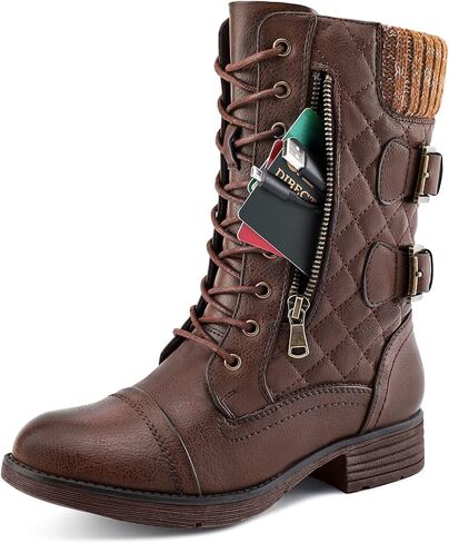 STQ Womens Combat Boots Mid Calf Winter Snow Boots Side Zip & Hidden Pocket | Slip Resistant, Water Resistant, Vegan, Side Zipper, Padded Collar, Round Toe, Low Heel, Military, Motorcycle, Fall in Saudi Arabia
