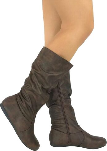Wells Collection Womens Boots Soft Slouchy Flat to Low Heel Under Knee High, Brown PU, 8.5 in Saudi Arabia