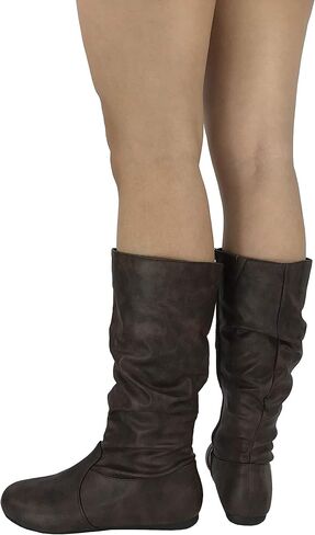 Wells Collection Womens Boots Soft Slouchy Flat to Low Heel Under Knee High, Brown PU, 8.5 in Saudi Arabia