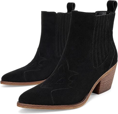 Fall Heeled Chelsea Boots Women Faux Suede Pointed Toe Booties | Western Chelsea Boots, Pull On, Short Boots Women, Block Heel Ankle Booties, Office Dress Boots in Kuwait