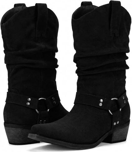 Suede Cowboy Boots for Women - Mid Calf Slouchy Cowgirl Boots | Western Buckle Strap, Slouch Shaft, Pointed Toe, Chunky Heel, Pull On, Retro Fashion Rodeo Concert Festival Dance Daily Wear in Saudi Arabia
