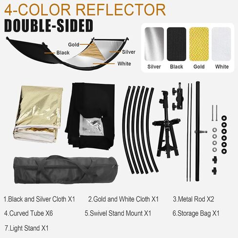 Clamshell Light Reflector Diffuser with Rolling Stand and Carrying Bag, 70"x24"/180x60cm Photography Curved Lighting Reflector for Photo Studio Photography with White/Gold/Silver/Black Colors in Saudi Arabia