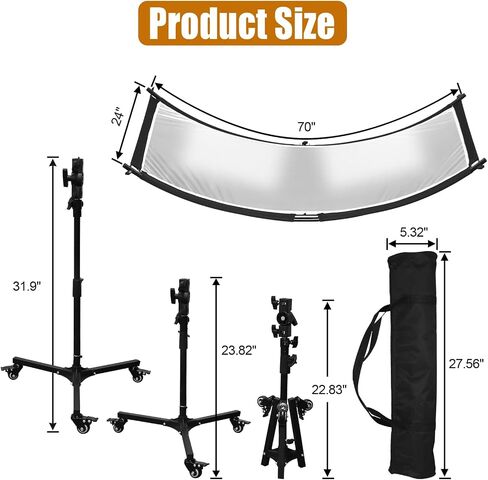 Clamshell Light Reflector Diffuser with Rolling Stand and Carrying Bag, 70"x24"/180x60cm Photography Curved Lighting Reflector for Photo Studio Photography with White/Gold/Silver/Black Colors in Saudi Arabia