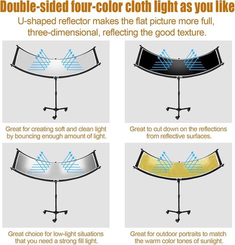 Clamshell Light Reflector Diffuser with Rolling Stand and Carrying Bag, 70"x24"/180x60cm Photography Curved Lighting Reflector for Photo Studio Photography with White/Gold/Silver/Black Colors in Saudi Arabia