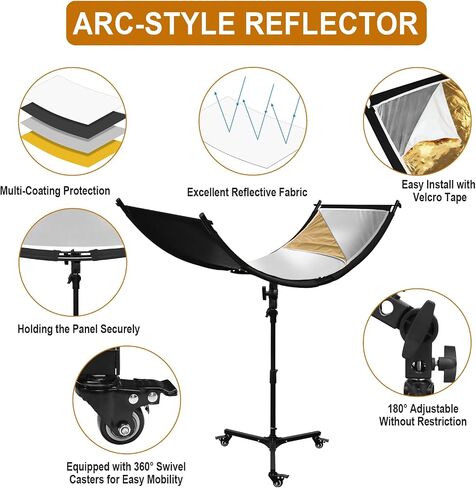 Clamshell Light Reflector Diffuser with Rolling Stand and Carrying Bag, 70"x24"/180x60cm Photography Curved Lighting Reflector for Photo Studio Photography with White/Gold/Silver/Black Colors in Saudi Arabia