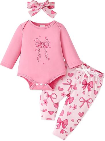 Newborn Infant Baby Girl Clothes Outfits Fall Winter Romper 3PCS Pant Sets | Cute Romper+Legging+Matching Headband, Newborn, 0 3 6 9 12 Months, Soft Skin-friendly, Long Sleeve, Crew Neck, Baby Girl Gift in Saudi Arabia