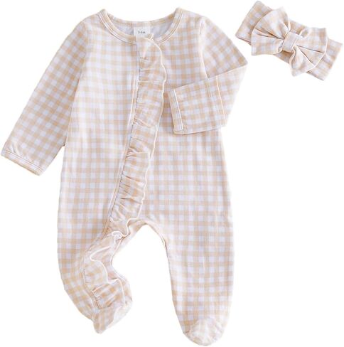 Newborn Baby Girls Plaid Sleeper Footed Pajamas Going Home Outfits Footies | Preemie Footie Pajamas Ruffled Cotton One Piece Footed Jumpsuit Romper Infant Baby Girls Fall Winter Outfits in Saudi Arabia