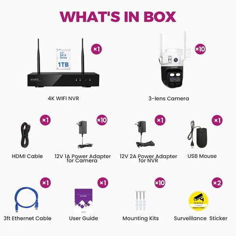 xmartO 16CH 10Pcs 6MP Tri-Lens PTZ Security Camera System, 16CH 4K WiFi 6 Mesh NVR with 1TB NVR, 3-View/Cam, Long Range Wireless, Plug-in 24/7 Home Surveillance, AI Detection, No Monthly Fees in Saudi Arabia