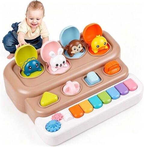 Pop-Up Music Toy, Musical Piano Toy for 1-3 Year Old, Brown | Cause & effect STEM educational sensory toy — light-up interactive, 6 Montessori learning modes, 1st birthday gift 12-36 mo in Saudi Arabia