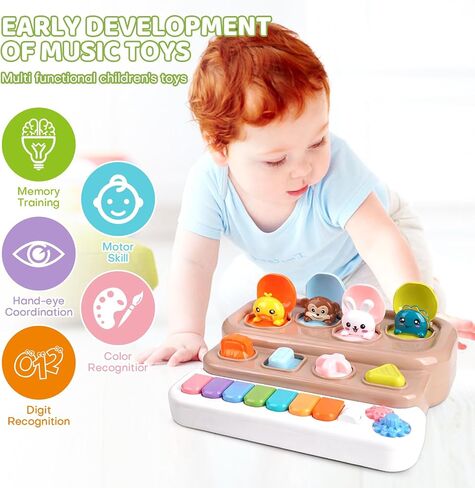 Pop-Up Music Toy, Musical Piano Toy for 1-3 Year Old, Brown | Cause & effect STEM educational sensory toy — light-up interactive, 6 Montessori learning modes, 1st birthday gift 12-36 mo in Saudi Arabia