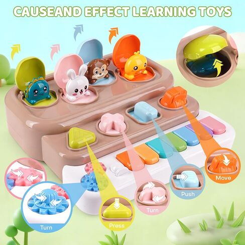 Pop-Up Music Toy, Musical Piano Toy for 1-3 Year Old, Brown | Cause & effect STEM educational sensory toy — light-up interactive, 6 Montessori learning modes, 1st birthday gift 12-36 mo in Saudi Arabia