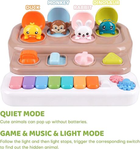 Pop-Up Music Toy, Musical Piano Toy for 1-3 Year Old, Brown | Cause & effect STEM educational sensory toy — light-up interactive, 6 Montessori learning modes, 1st birthday gift 12-36 mo in Saudi Arabia
