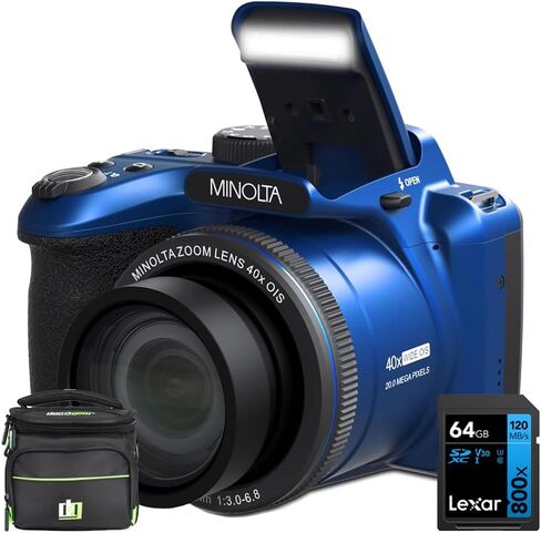 Minolta MN40Z-BL 20 MP / 1080P FHD Bridge Camera with 40x Optical Zoom Blue Bundle with Deco Photo Camera Bag for DSLR and Mirrorless Cameras Small and Lexar 64GB Memory Card Blue Series, E1MIMN40ZBL in Kuwait