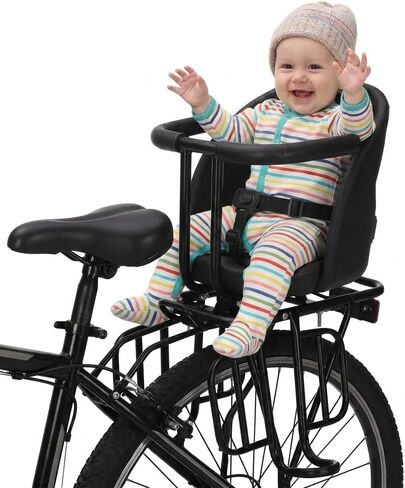 Kids Bike Seat with Reflective Tape for Baby 18 Months to 8 Years Old | Rear Toddler Bike Seat With Surround Rail & Ergonomic Backrest for All-Day Family Fun,Weight 55 lbs Fits Most Bikes in Saudi Arabia