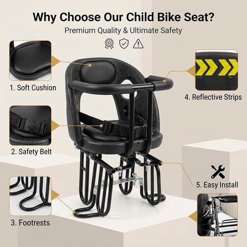 Kids Bike Seat with Reflective Tape for Baby 18 Months to 8 Years Old | Rear Toddler Bike Seat With Surround Rail & Ergonomic Backrest for All-Day Family Fun,Weight 55 lbs Fits Most Bikes in Saudi Arabia