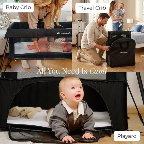 Kinderkraft Cami 3 in 1 Convertible Travel Cot Black | 2 level bassinet and toddler cot, includes rigid support base plate, ultralight 12.8 lbs, 5 sec fold with backpack in Saudi Arabia