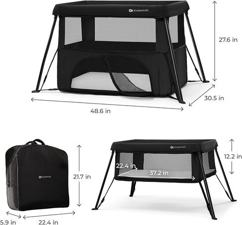Kinderkraft Cami 3 in 1 Convertible Travel Cot Black | 2 level bassinet and toddler cot, includes rigid support base plate, ultralight 12.8 lbs, 5 sec fold with backpack in Saudi Arabia