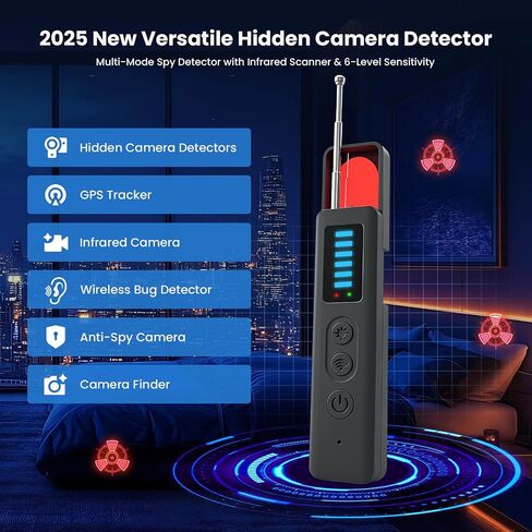 أجهزة كشف الكاميرا الخفية - كاشف الكاميرا المتقدم 2025، كاشف GPS للجهاز المخفي، كاشف الأخطاء، كاشف الكاميرا للفنادق، السفر، المكتب، 5 مستويات حساسية (أسود) in Kuwait
