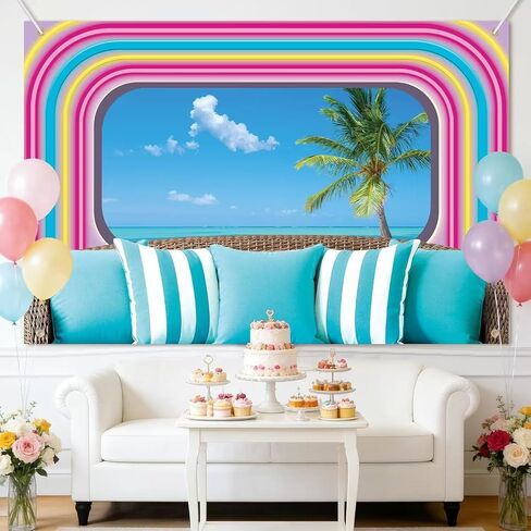 Tropical Beach Palm Tree Party Backdrop, Island Palm Trees Photography Blue Sea Sky Neon Beach Romance Love Theme Background Banner for Summer Birthday Bachelorette Party Luau Aloha Party Decor in Saudi Arabia