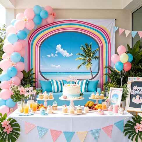 Tropical Beach Palm Tree Party Backdrop, Island Palm Trees Photography Blue Sea Sky Neon Beach Romance Love Theme Background Banner for Summer Birthday Bachelorette Party Luau Aloha Party Decor in Saudi Arabia