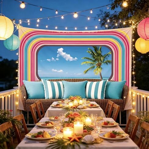 Tropical Beach Palm Tree Party Backdrop, Island Palm Trees Photography Blue Sea Sky Neon Beach Romance Love Theme Background Banner for Summer Birthday Bachelorette Party Luau Aloha Party Decor in Saudi Arabia