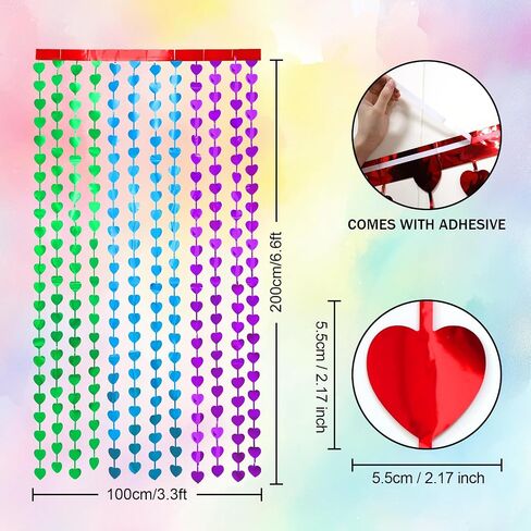 Rainbow Party Decorations, 2 Pack Rainbow Heart Party Supplies | 3.3 x 6.6ft Foil Fringe Curtains, Rainbow-Themed Streamers Photo Booth Props Backdrop for Birthday Kindergarten Cartoon Party in Saudi Arabia