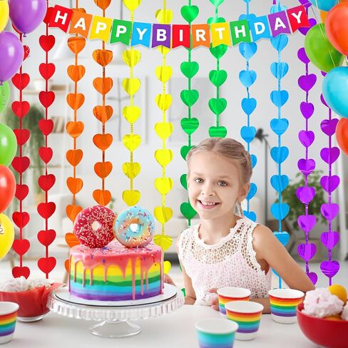 Rainbow Party Decorations, 2 Pack Rainbow Heart Party Supplies | 3.3 x 6.6ft Foil Fringe Curtains, Rainbow-Themed Streamers Photo Booth Props Backdrop for Birthday Kindergarten Cartoon Party in Saudi Arabia